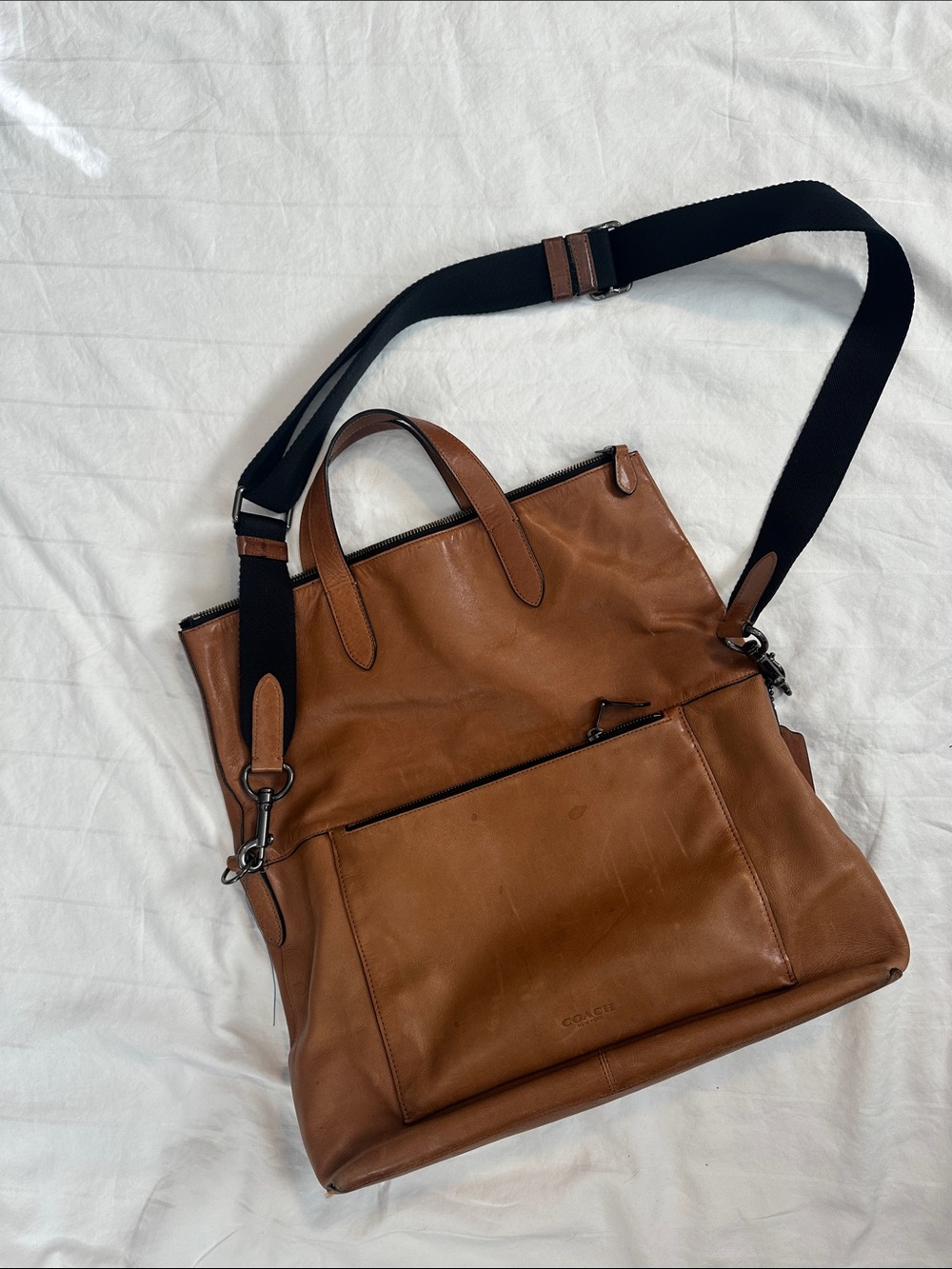 Coach Tan Leather Messenger Tote with Black Strap